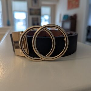 Womens Black Leather Belt with Gold Buckle